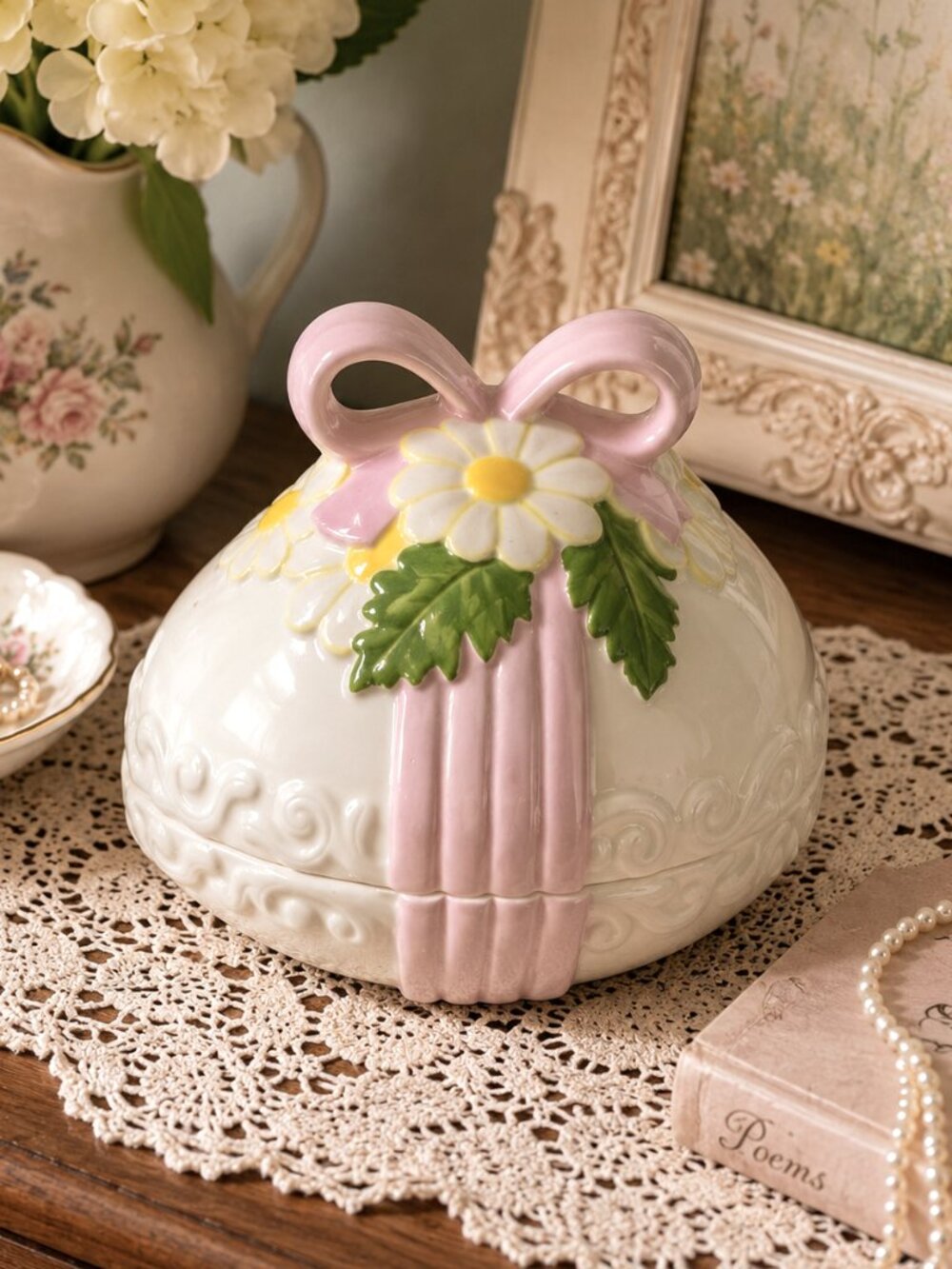 VTG Handmade Ceramic Floral Trinket Box Cottagecore Shabby Chic Pink Bow by Dana